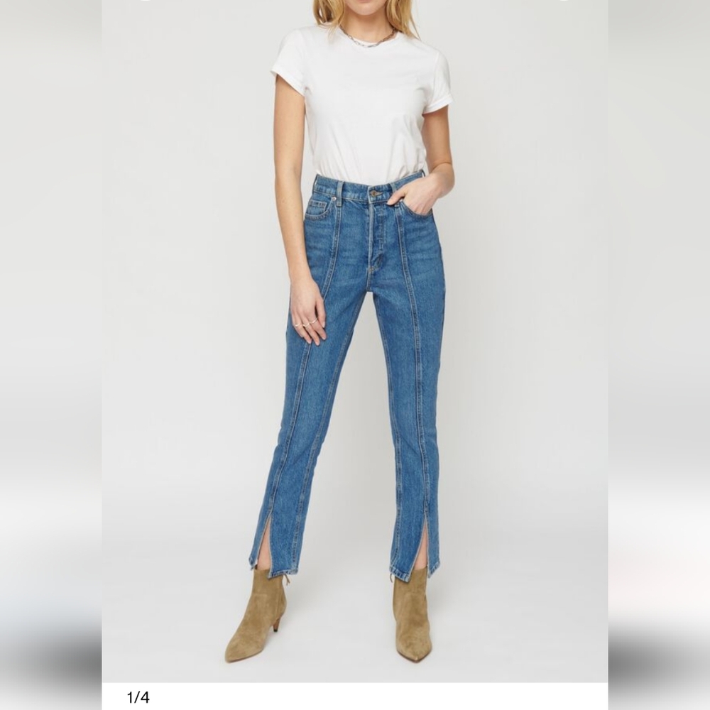 Dynamite Straight Slim Leg, Ultra High Waisted Jeans with Split Hem
